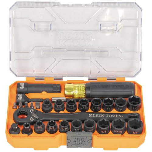 Klein Tools KNECT Essential Pass Through Impact Socket Set, 28-Piece, SAE and Metric, 90-Tooth Ratchet