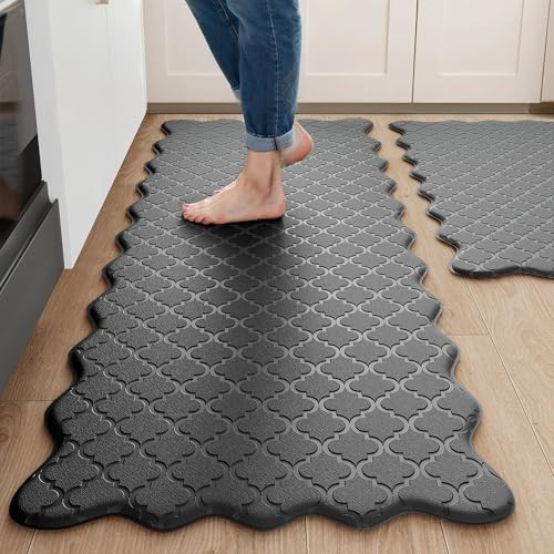 Upgrade Scalloped Embossed Black Kitchen Mats 2 Piece Set