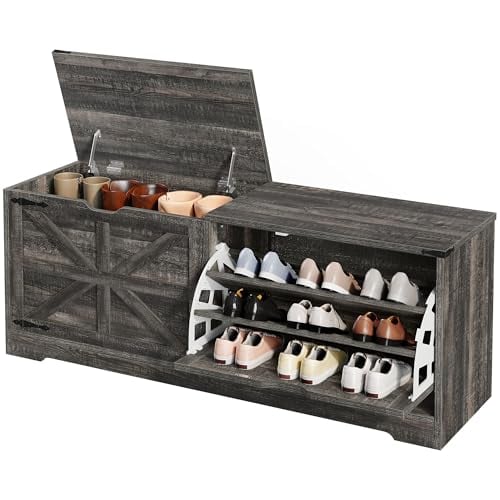 DWVO Farmhouse Shoe Storage Bench w/ 3 Flip Drawers & Flip-Top Lid (Dark Rustic Oak) 55"