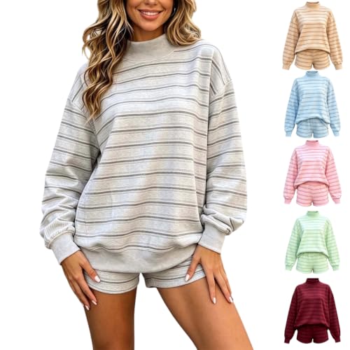 Striped Mock Neck Long Sleeve Top and Shorts Set