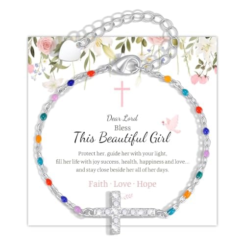 Cross Bracelet for Girls, 14K Gold Plated Christian Jewelry with Colorful Beads