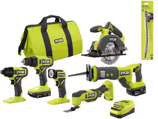 RYOBI ONE+ 18V Cordless 6-Tool Combo Kit with 1.5 Ah Battery, 4.0 Ah Battery