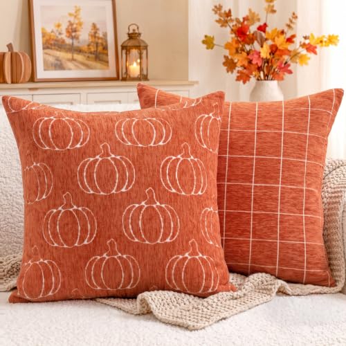 Fall Pumpkin Chenille Plaid Pillow Covers Autumn Decor 18x18 2-Pack Deal