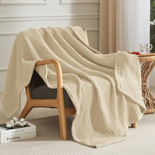 PHF 100% Cotton Waffle & Muslin 50"x70" Throw XL Blanket (French Oak)
