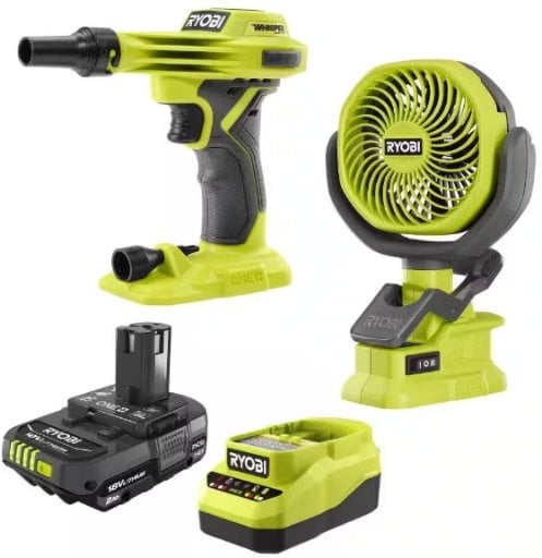 RYOBI ONE+ 18V High Volume Inflator Kit w/ 2.0Ah Battery, Charger & 18V Cordless 4" Clamp Fan Deal