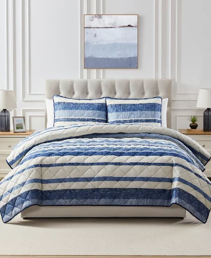 Seventh Studio Blue Stripe Pinsonic Microfiber Quilt Set (King, 3-Piece)