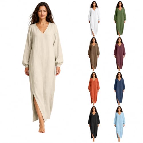 V Neck Cotton Linen Long Sleeve Dresses Deal
