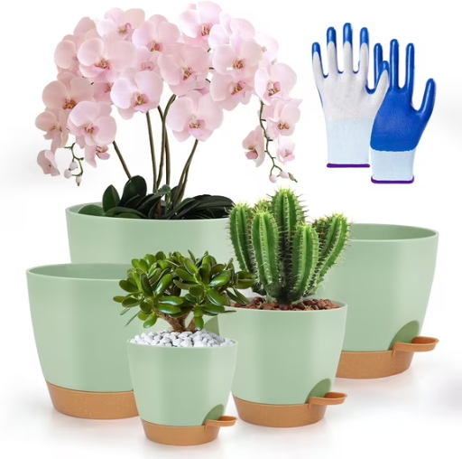 PHANCIR 5-Pack Self Watering Plant Pots w/ Nitrile Gloves (7", 6.5", 6", 5.5" & 5") Deal