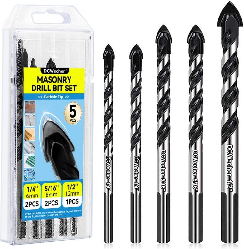 Masonry Concrete Drill Bit Set, Carbide Tip (1/4" 5/16" 1/2"), 5-Pcs