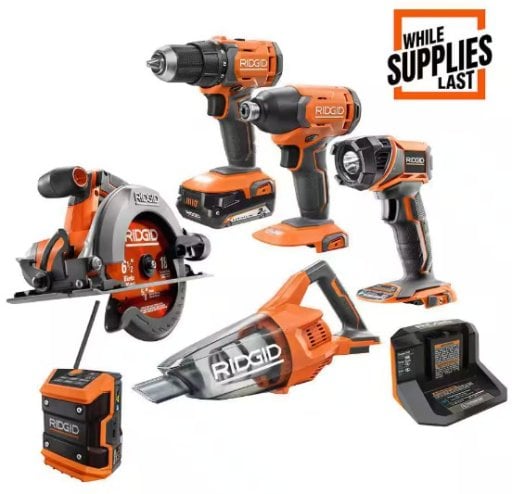 Ridgid 18V Cordless Combo Kit (6-Tool) with 2.0 Ah Battery