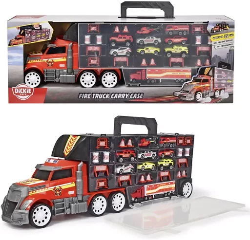 Dickie Toys Fire Truck Transporter Carry Case w/ 9 Die-Cast Cars & 18 Accessories Deal