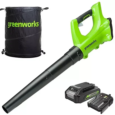 Greenworks Powerall 24V Blower with Leaf Clipping Bag & Battery
