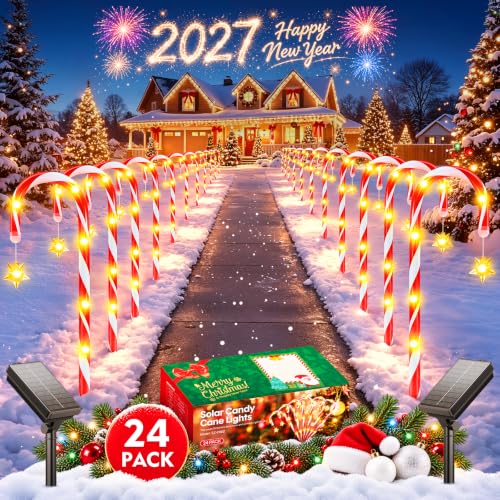 24 Pack Solar Candy Cane Lights Outdoor, 10 Modes