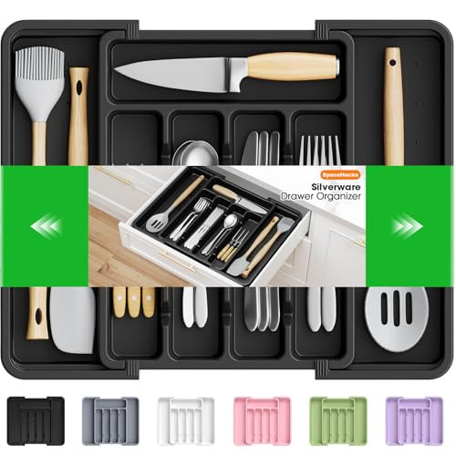 SpaceHacks Silverware Utensil Drawer Organizer (Black, Medium)
