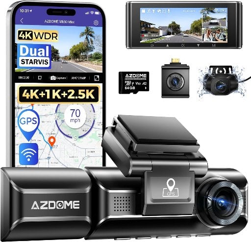 AZDOME M550 Max 4K 3 Channel Dash Cam with Dual STARVIS Sensors, 64GB Card Deal