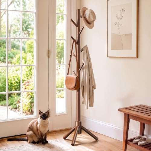 AMADA Solid Wooden Coat Rack Freestanding with 8 Hooks