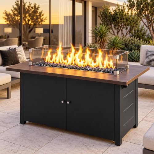 LAUSAINT HOME 43" Rectangular Propane Fire Pit Table w/ Lid & Glass Wind Guard