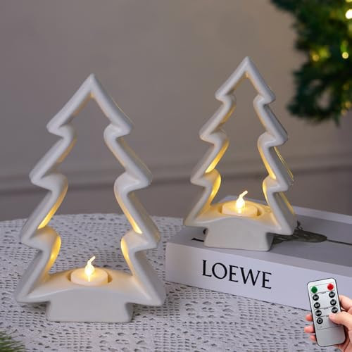 2 Pcs White Ceramic Christmas Tree with LED Tea Lights & Remote Control