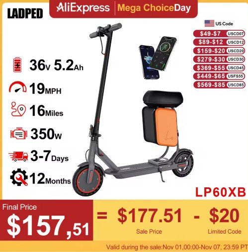 LADPED Electric Scooter 350W Motor 36V 5.2Ah Battery