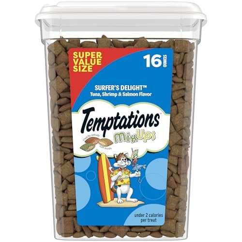 Temptations Cat Treats MixUps Surfer's Delight, Tuna, Shrimp, Salmon Flavor, Crunchy and Soft Cat Treats, 16 oz. Tub x 3