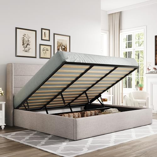 Allewie King Size Lift Up Hydraulic Storage Bed Frame Light Beige Deal