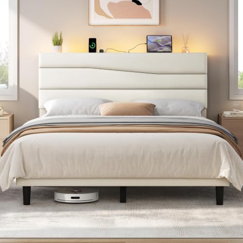 Yaheetech Queen Upholstered Bed with LED Charging Station Shelf