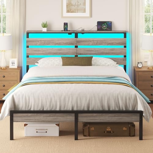 Rolanstar Queen Bed Frame - USB Charging, LED, Wood Storage Headboard, Light Grey Deal