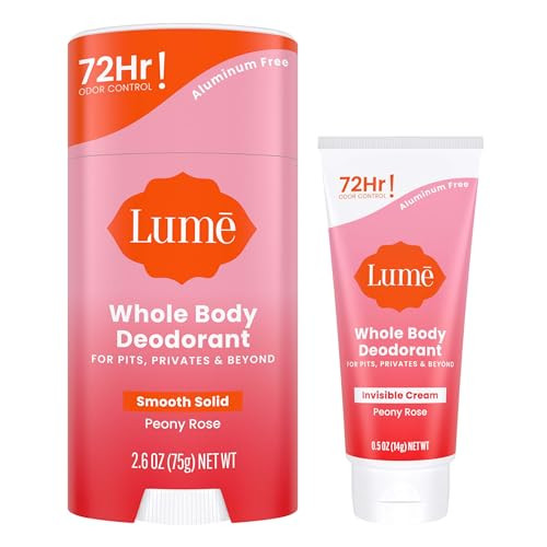 Lume Whole Body Deodorant Invisible Cream Tube Mini + Solid Stick Bundle, Peony Rose