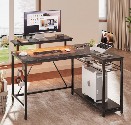 Bestier 42" Reversible L-Shaped Gaming Desk w/ Charging Station, LED Lights, Monitor Stand & Headset Hooks