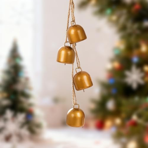 Irrespek Vintage Gold Metal Bells with Jute Hanging Rope