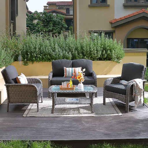 Ovios New Augtus Rattan Patio Conversation Set w/ Cushions (Black) 4-Piece