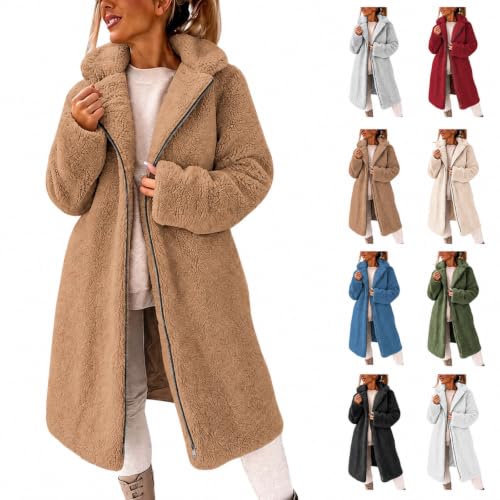 Women Mid Length Fuzzy Zip Lapel Coat