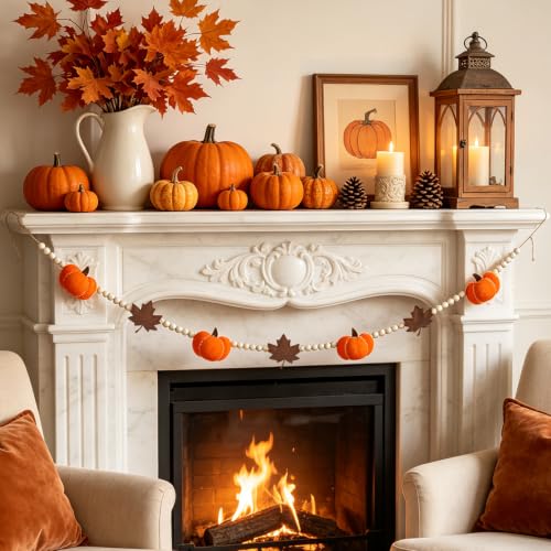 6.8 FT Fall Pumpkin Garland with Maple Leaves and Wood Beads Deal