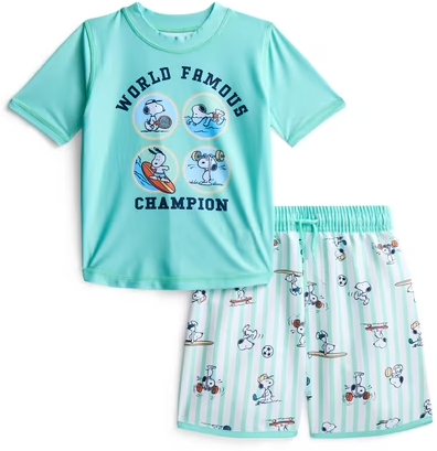 Character Toddler Boy Short-Sleeve Rash Guard and Swim Trunk Set (Various - Snoopy, Hot Wheels, Stitch, + More) Deal