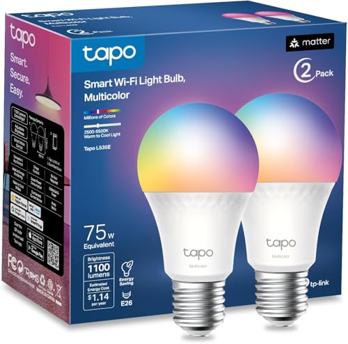 2-Pack Tapo 1100 Lumens A19 E26 Matter RGBW Smart Dimmable Light Bulb Deal
