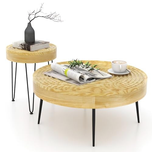 COSTWAY Farmhouse Round Coffee Table Set (Set of 2)
