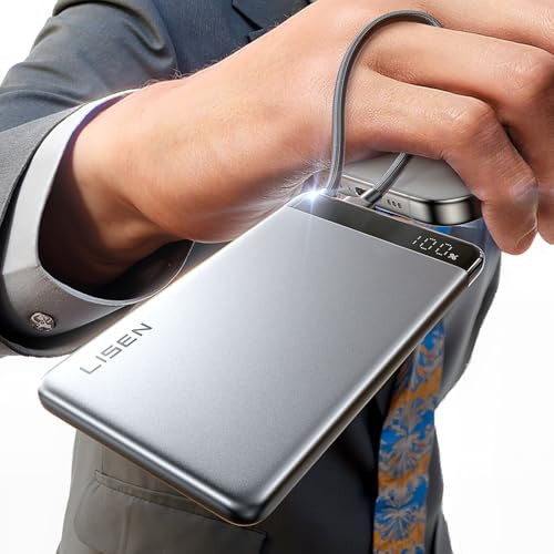 LISEN 10000mAh 22.5W 0.5" Ultra Slim Power Bank w/ Built-In USB-C Cable