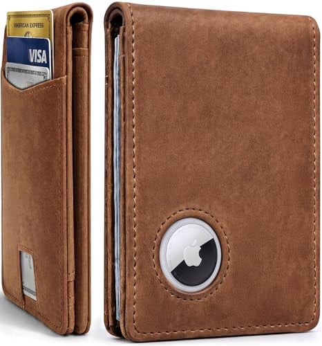Bifold Genuine Leather Men's Wallet With AirTag Holder, 10 Cards, Vintage Brown Deal