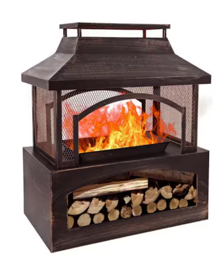 37 in. Steel Outdoor Wood Burning Fireplace with Wood Storage