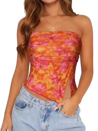 CHICGAL Strapless Floral Mesh Crop Top (Orange Pink) Deal