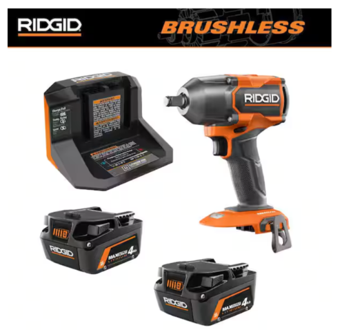 Ridgid 18V Brushless 4-Mode 1/2" Mid-Torque Impact Wrench with 2x 4.0 Ah Max Output Batteries & Charger