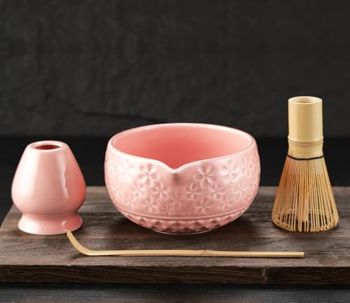 Matcha Whisk Set with Ceramic Bowl, Whisk Holder, Bamboo Whisk & Scoop (Pink)