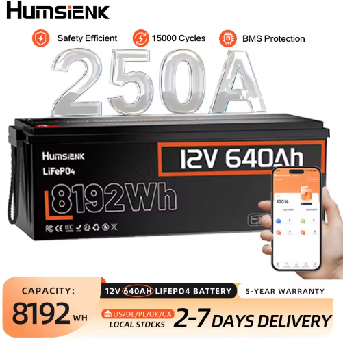 Humsienk 12V 640Ah LiFePO4 Battery with 250A BMS and Bluetooth