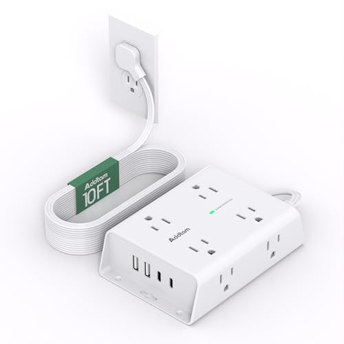 Addtam 10' 8-Outlet 1080J Flat Plug Surge Protector w/ 2 USB-C & 2 USB-A Ports