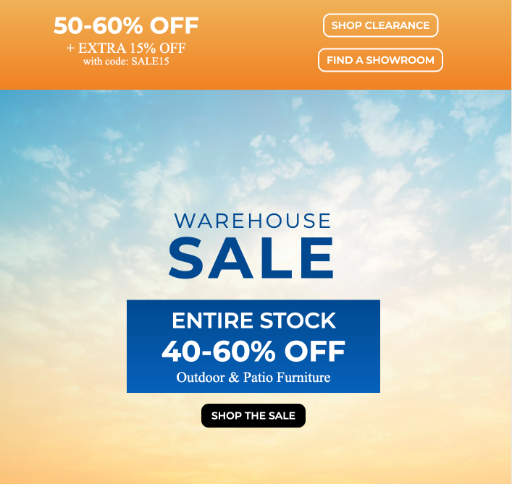 Warehouse Clearance Sale 40% - 60% Off Entire Stock