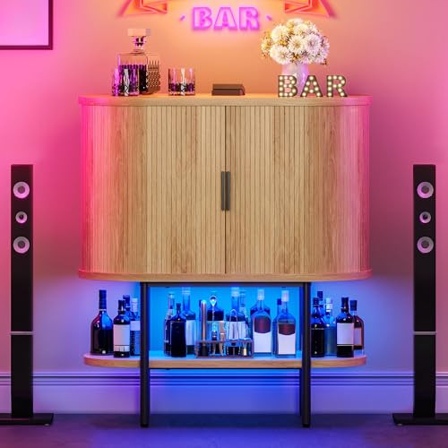 Oval-Shaped Wine Bar Cabinet with Sliding Doors, LED Lights, Table, and 2 Glass Holders