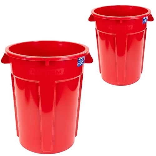Magnum 55 Gallon Heavy Duty Construction Trash Can, High-Vis Red, 2-Pack