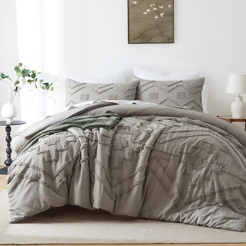 Tufted Boho Queen Comforter Set, Grey, 3 Pieces Deal