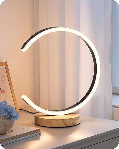 EDISHINE C-Shaped LED Table Lamp with Wood Base, Silicone Shade & 3 Color Temperatures (Black) Deal