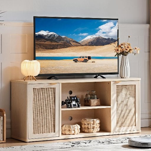 LEYAOYAO Rattan TV Stand w/ Storage & Open Shelf for 50-65" TV Deal